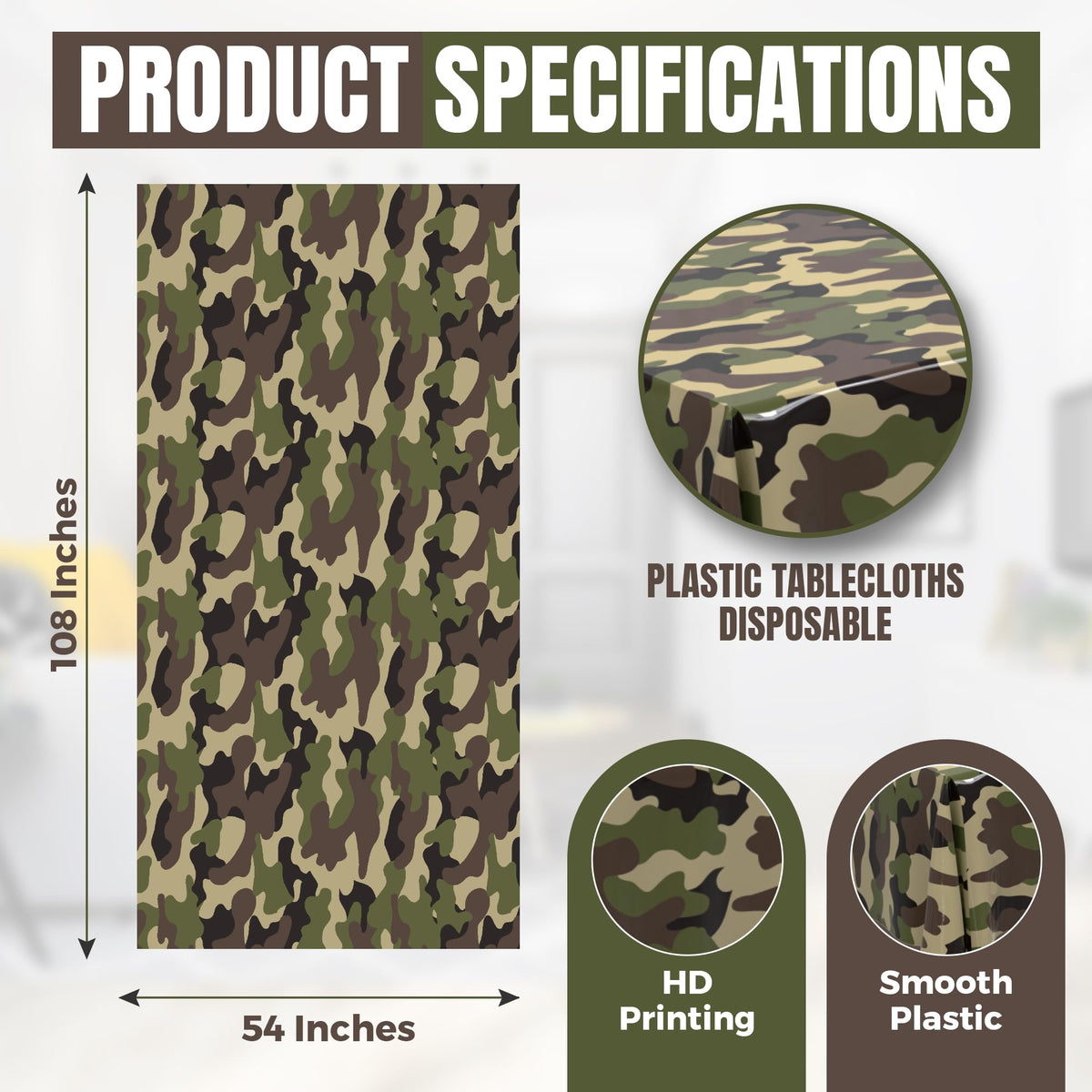 HSGUS five-pack camo tablecloths for quick party setup and cleanup.
