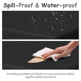 HSGUS black 54x108 tablecloth on a party table for easy cleanup.
