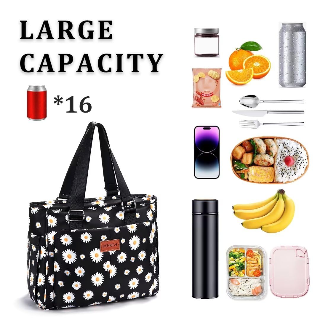 HSHRICH floral insulated handbag demonstrates capacity to fit 16 cans.