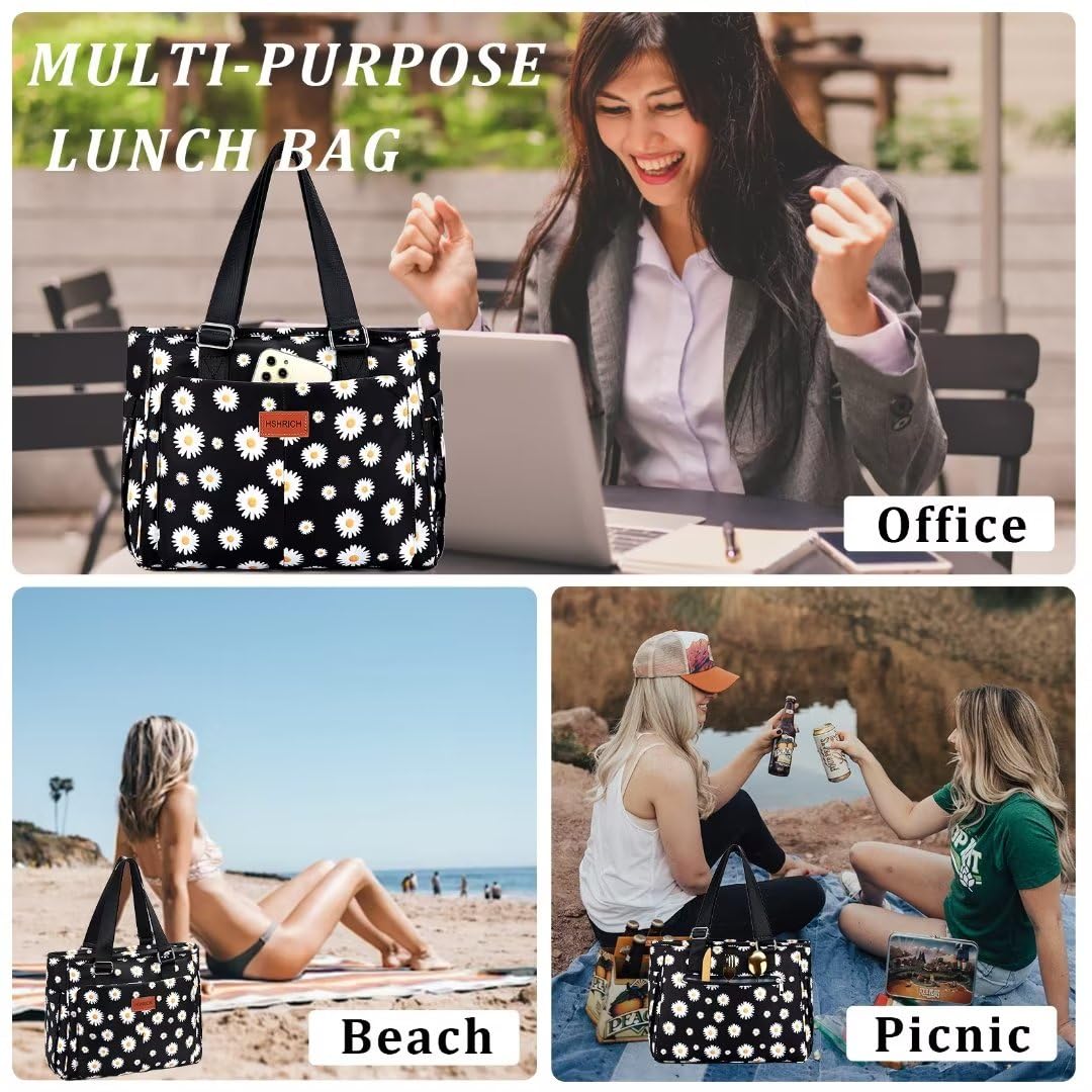 HSHRICH floral insulated handbag multiple-carry options with top handle and strap.