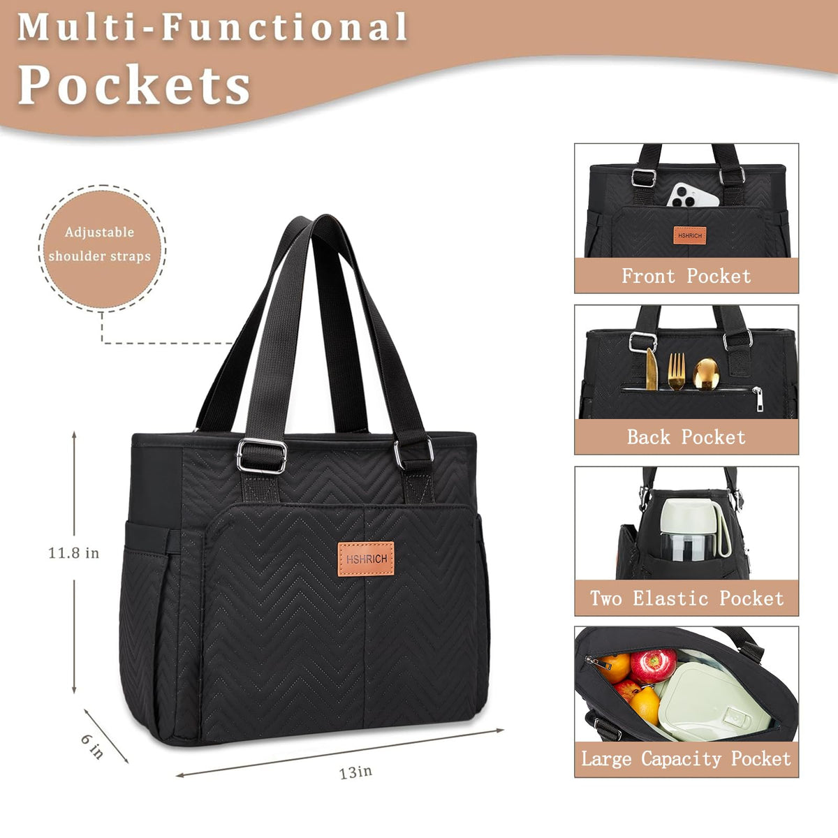 HSHRICH lunch bag showing side pockets and multi-pocket organization.