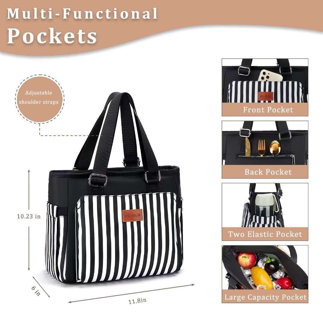 HSHRICH insulated lunch bag showing side pockets for organized storage of utensils and essentials.