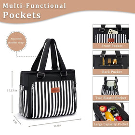 HSHRICH insulated lunch bag showing side pockets for organized storage of utensils and essentials.