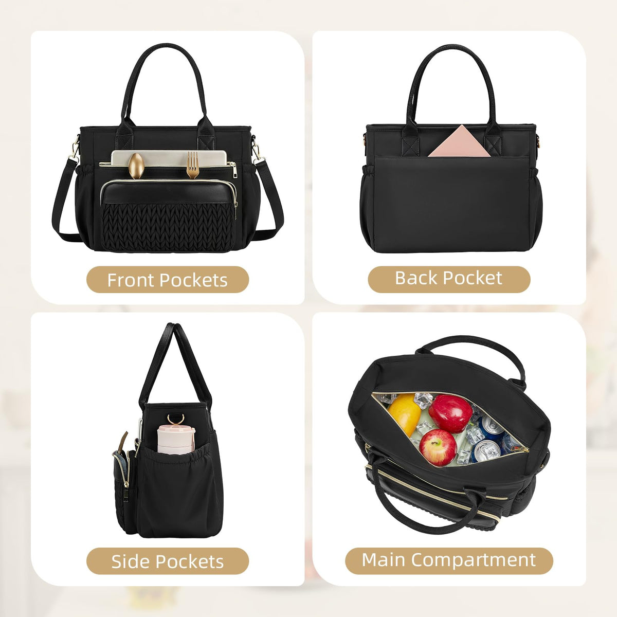 HSHRISH lunch box highlights multiple pockets for accessories and phone.