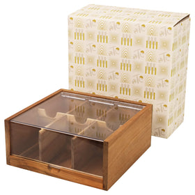 HTB acacia tea bag organizer with six compartments keeps tea bags neatly organized.