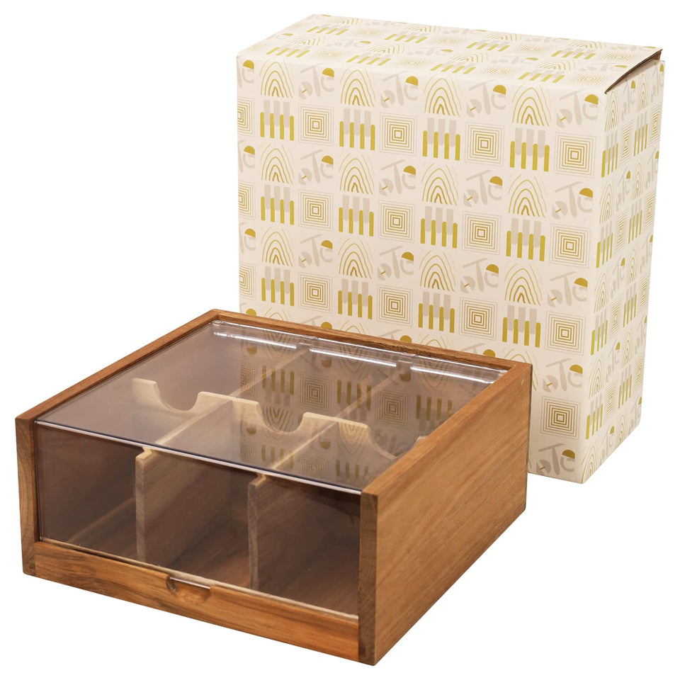 HTB acacia tea bag organizer with six compartments keeps tea bags neatly organized.