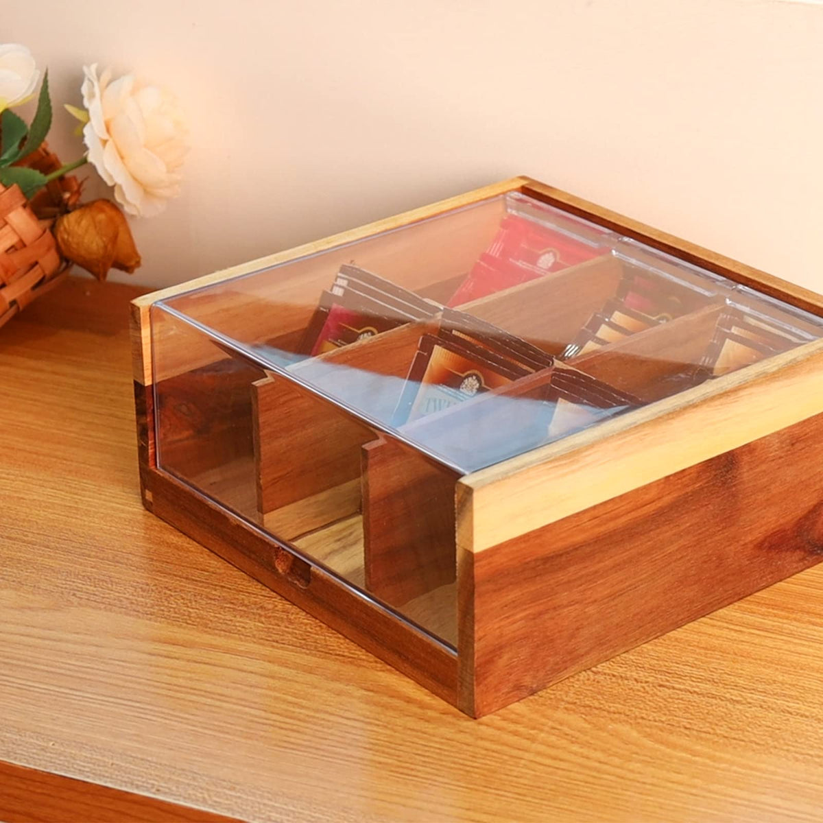 HTB acacia organizer with hinged lid keeps bags accessible.