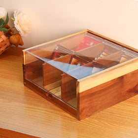 HTB acacia organizer with hinged lid keeps bags accessible.