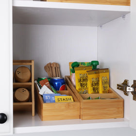 HTB bamboo pantry organizer compact size fits shelves and countertops.