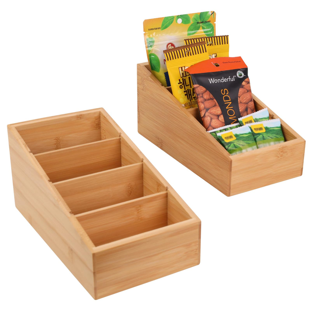 HTB bamboo pantry organizer front view with four sections for quick access.