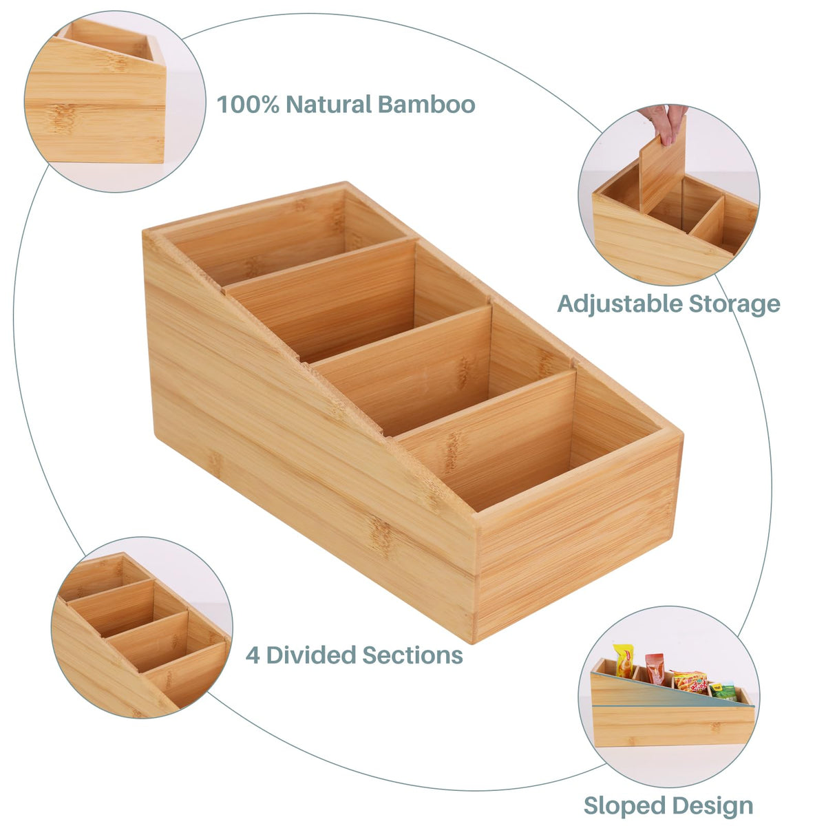 HTB bamboo pantry organizer in use on a kitchen counter.