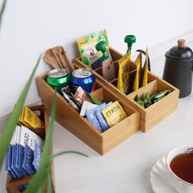 HTB bamboo pantry organizer open top ensures visibility and easy reach.