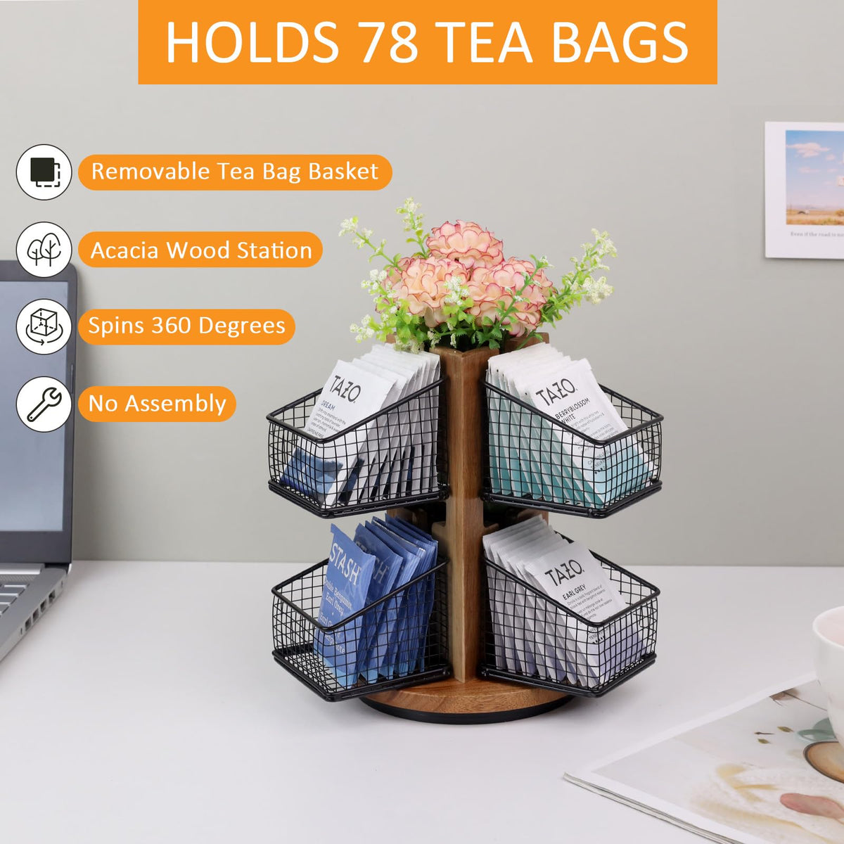 HTB Carousel Tea Bag Organizer two-tier display shows all flavors at a glance