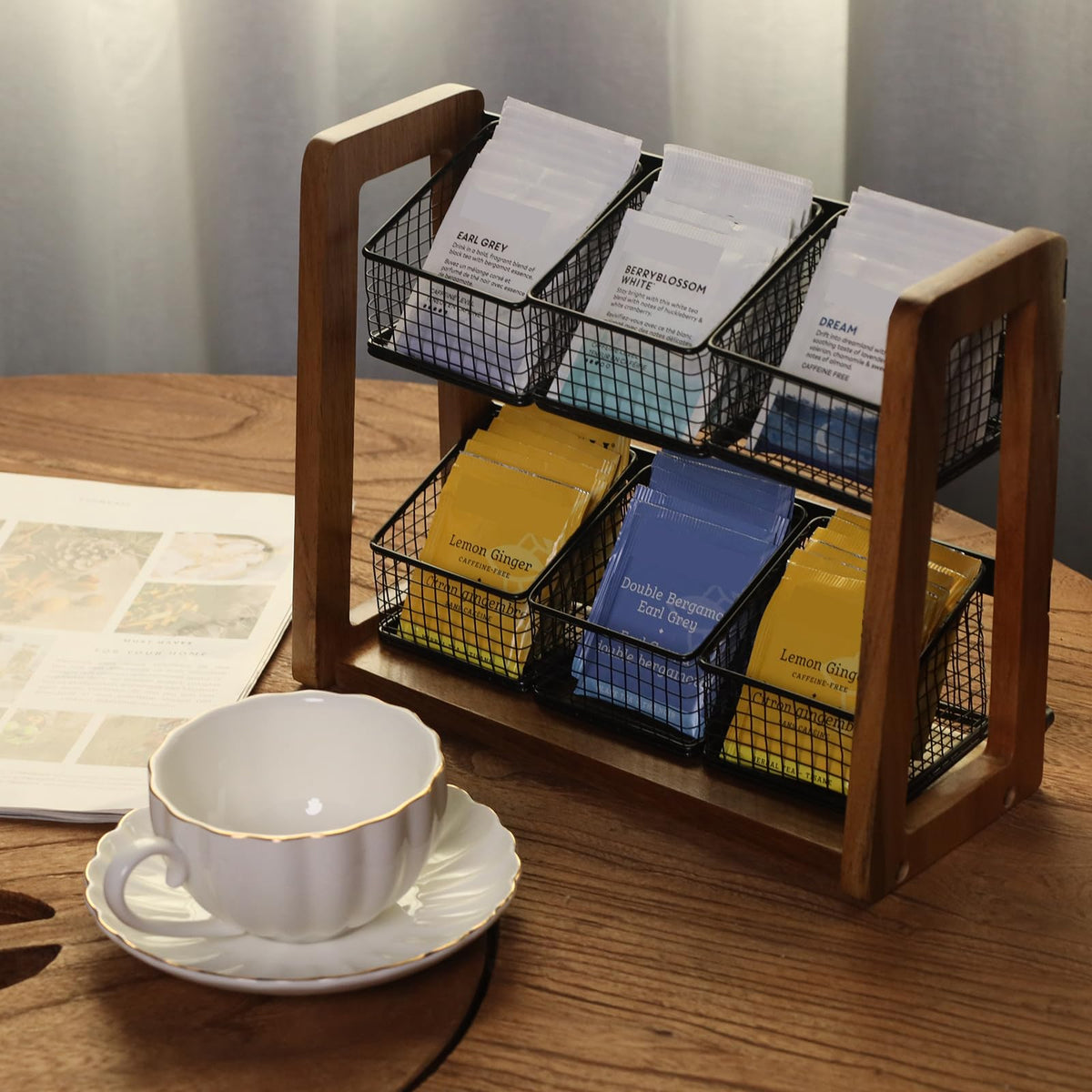 HTB multipurpose tea bag storage rack for kitchen, office, or break room.