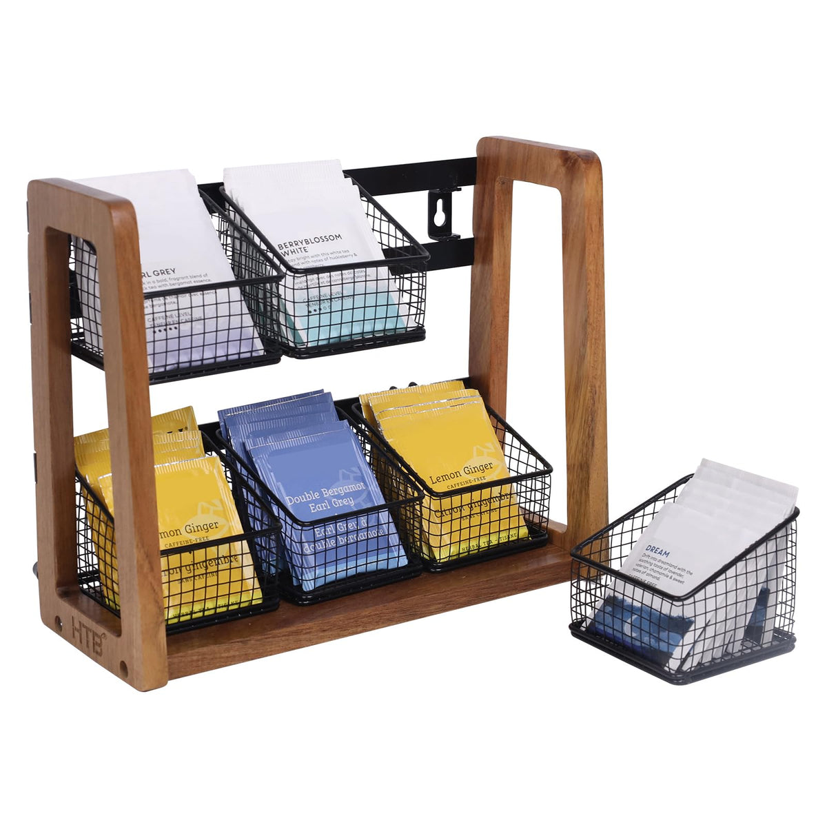 HTB tea organizer 2-tier acacia stand neatly displays tea bags for quick access.