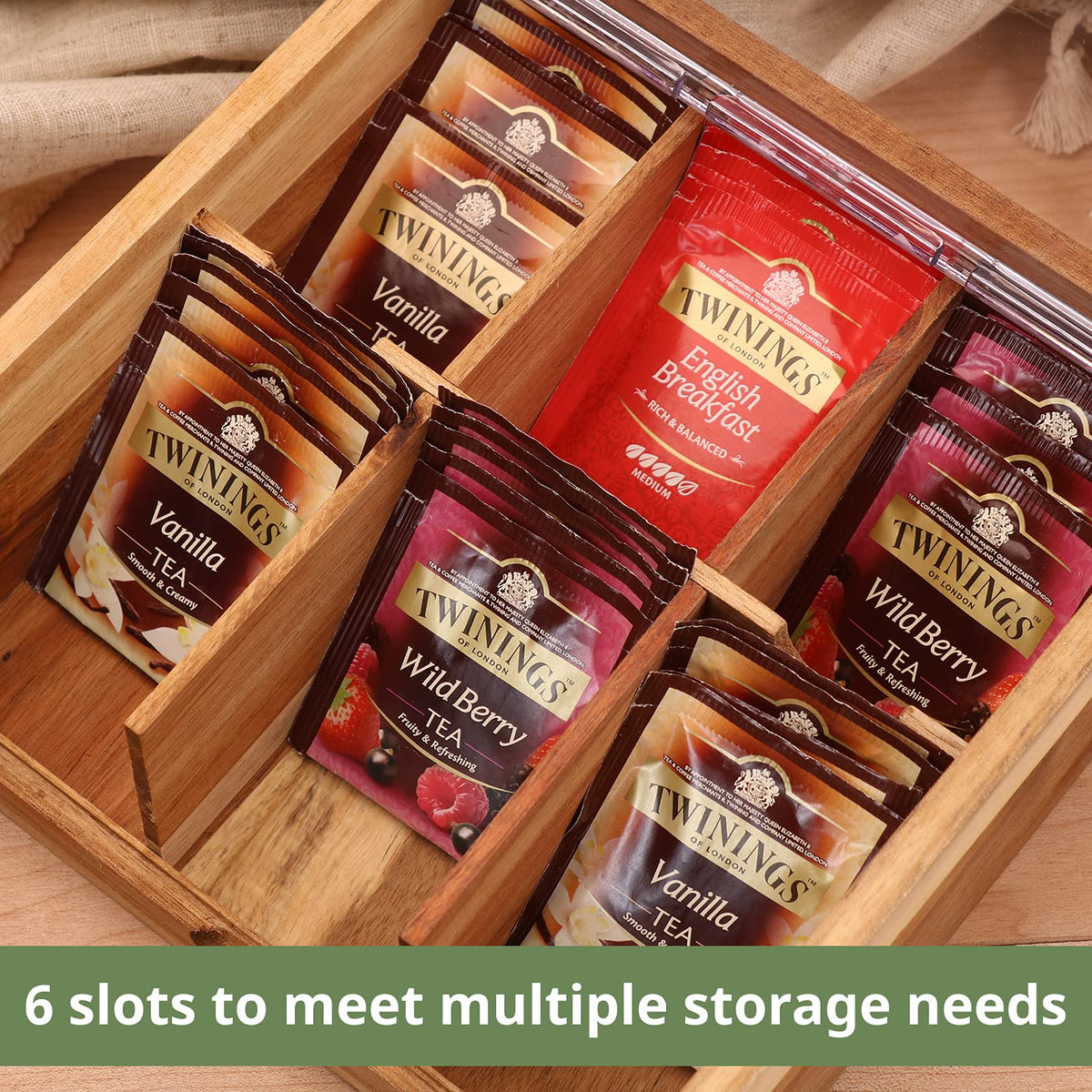 HTB wooden tea bag chest complements kitchen and dining areas.