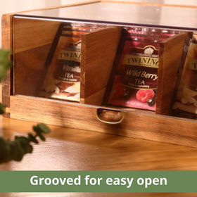 HTB acacia tea storage with acrylic lid for easy viewing.