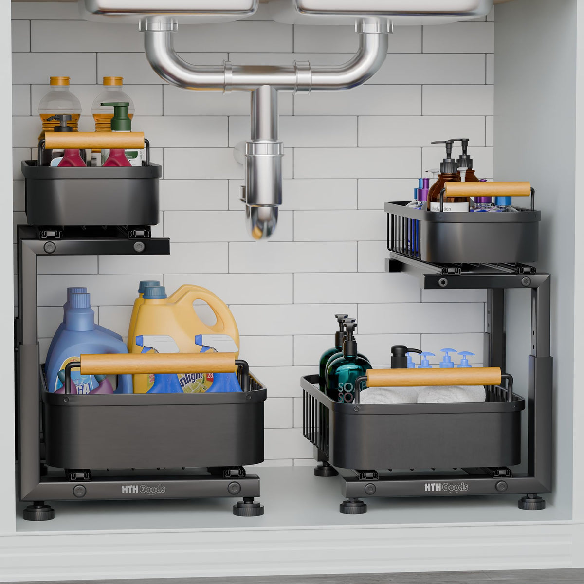 HTH Goods 2-tier pull-out baskets provide easy access to stored items