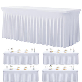 Htper 4-pack white spandex tablecloths laid out for quick event setup.