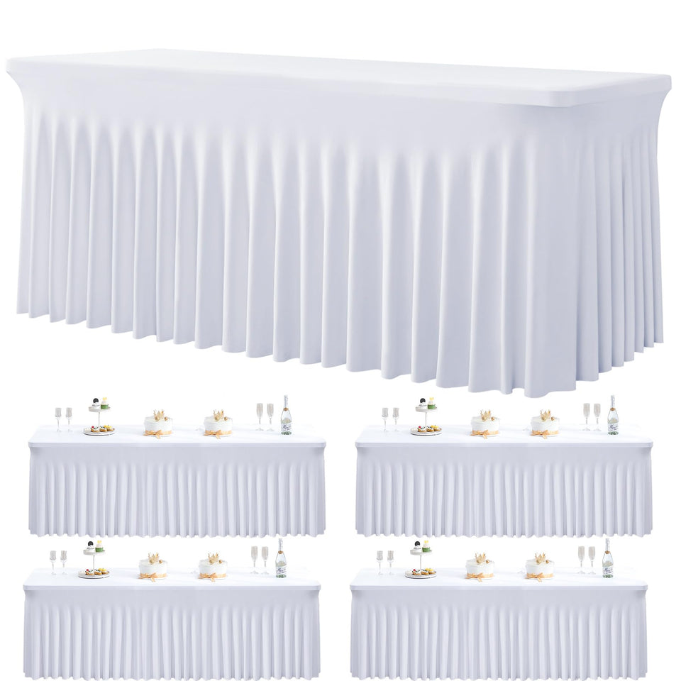 Htper 4-pack white spandex tablecloths laid out for quick event setup.