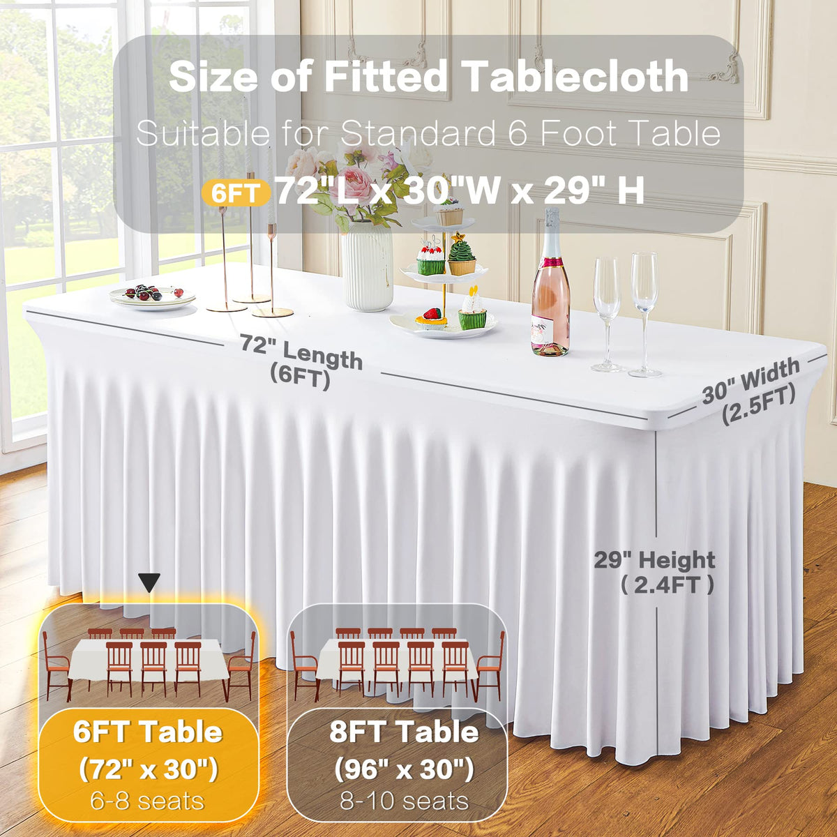 Htper 72in L x 30in W x 30in H fit on a standard 6ft table.