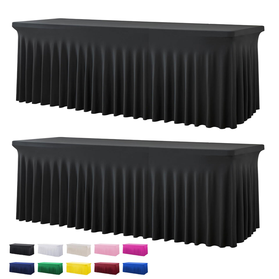 Htper 8ft black spandex tablecloth fits tightly for a clean, wrinkle-free presentation.