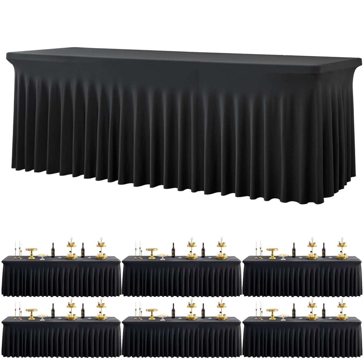 Htper black spandex tablecloth for 8ft tables with wrinkle-free stretch.
