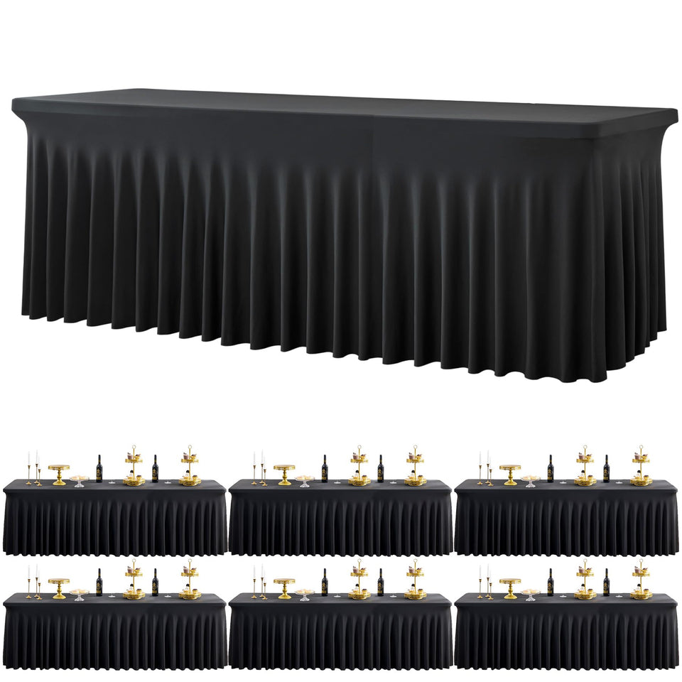 Htper black spandex tablecloth for 8ft tables with wrinkle-free stretch.