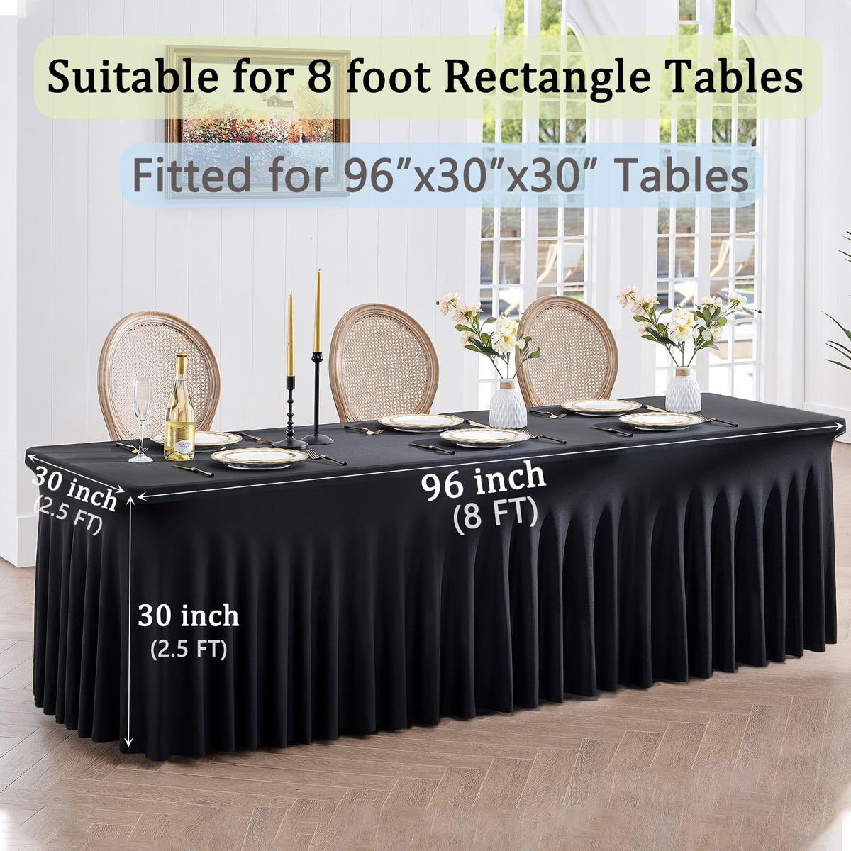 Htper wave-draped tablecloth adds elegant look to any reception.