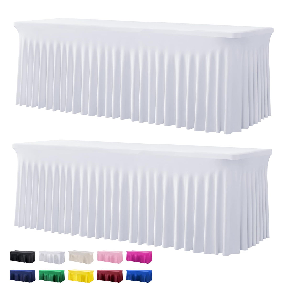 Htper white spandex tablecloth on an 8ft table for quick setup