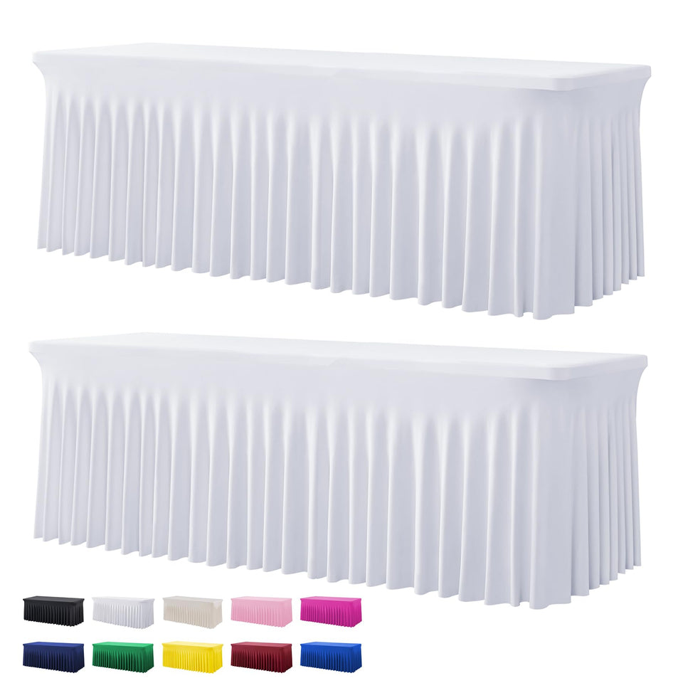 Htper white spandex tablecloth on an 8ft table for quick setup