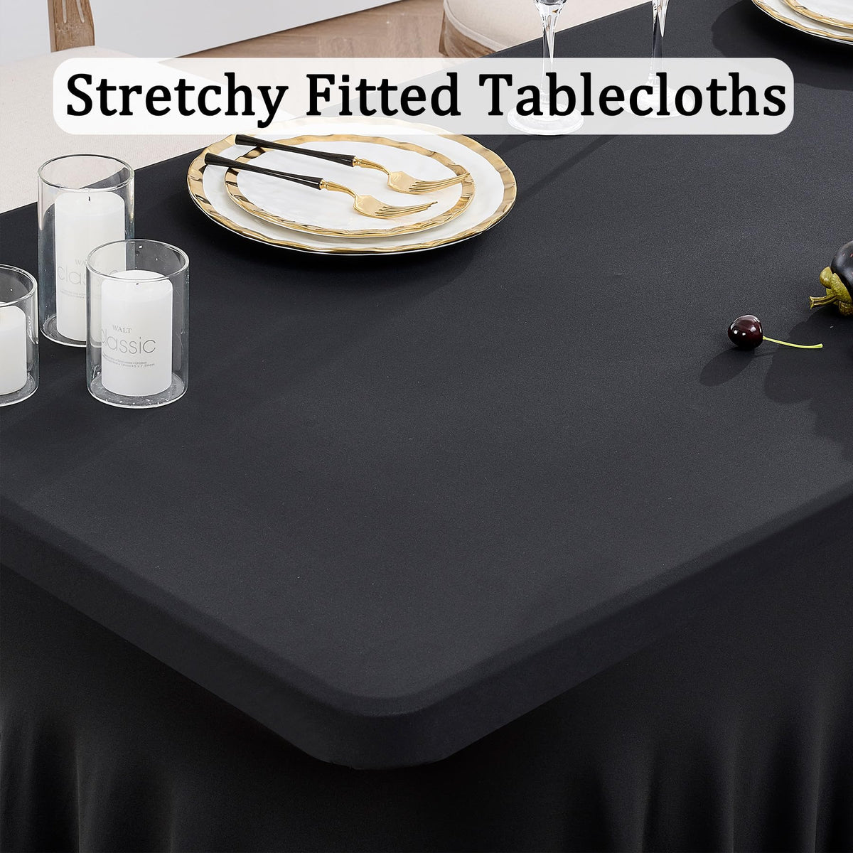 Htper wrinkle-free spandex tablecloth for 8ft tables offers quick, tidy setup.