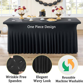 Htper wrinkle-free stretch fabric close-up shows durable, reusable table cover.