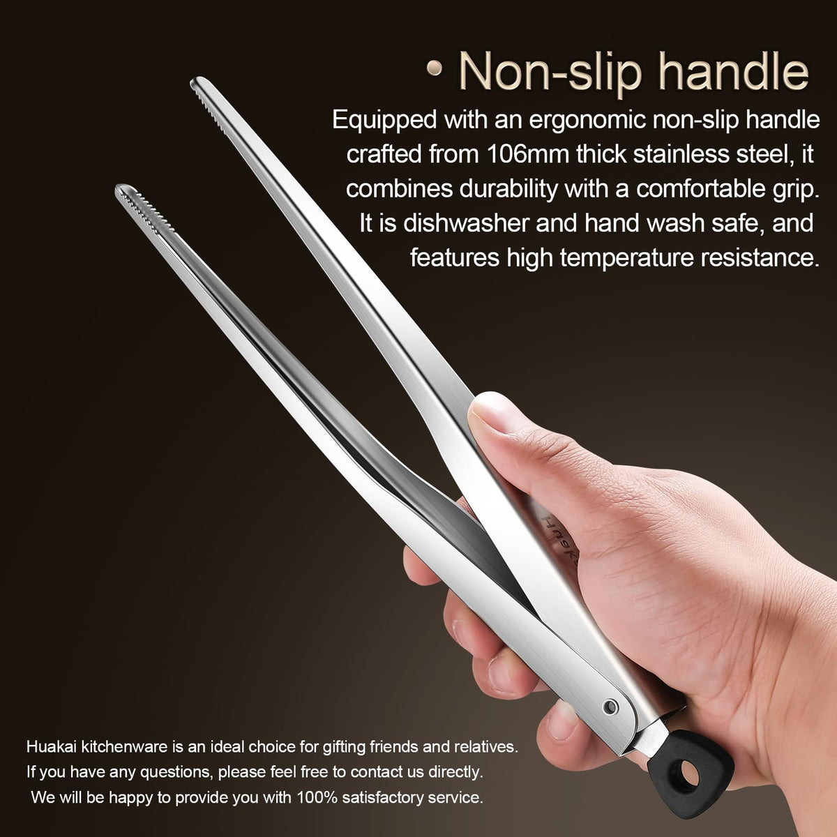 Huakai dishwasher-safe stainless steel tongs simplify post-cooking cleaning.