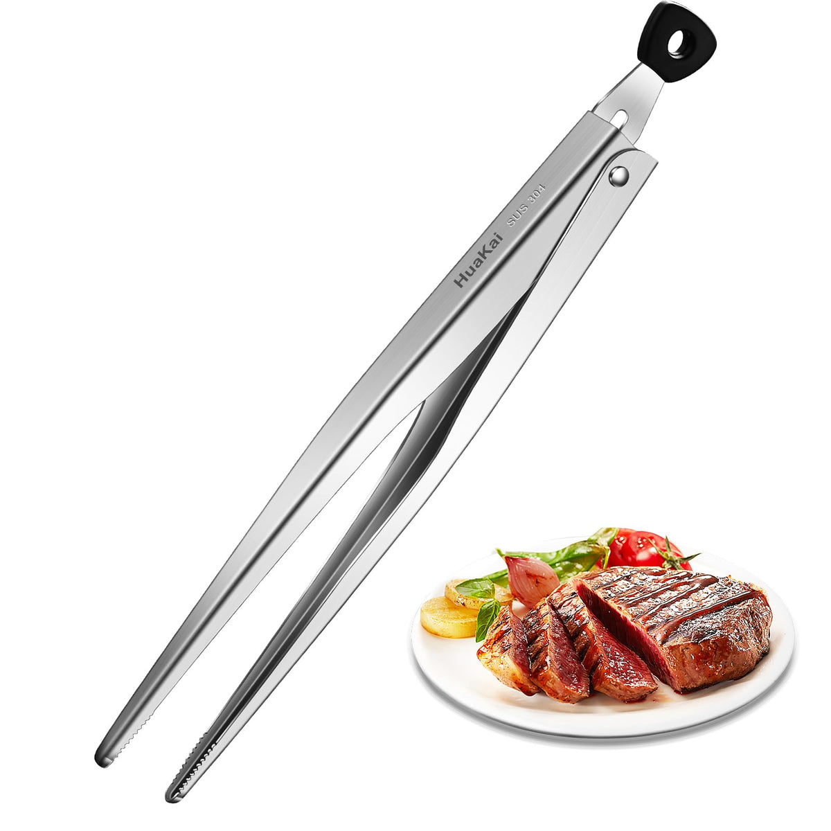 Huakai locking stainless-steel kitchen tongs 12-inch for easy flipping and tossing salads.
