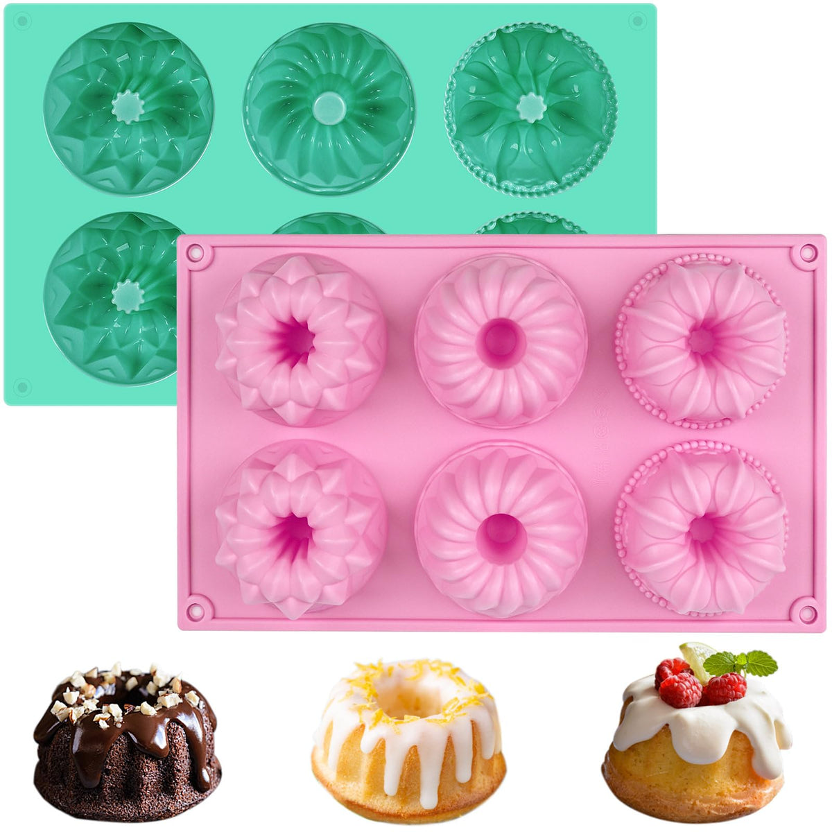 HUAKENER 2-Pcs Mini Fluted Cake Pan with 6 cavities for bite-sized treats.