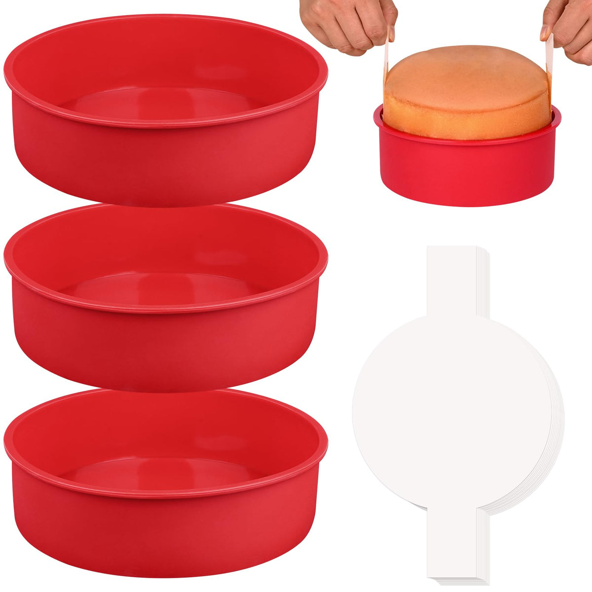 HUAKENER 8-inch round cake pans stacked for compact storage and quick prep.