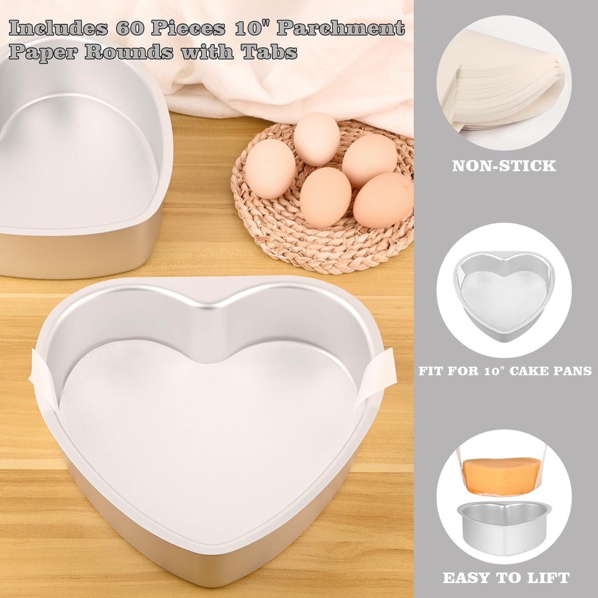 HUAKENER heart pan in use with batter and parchment for clean demolding