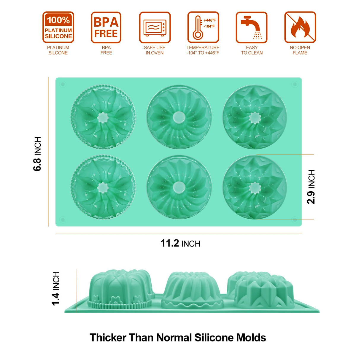 HUAKENER upgraded thick nonstick silicone mold for easy release and durable use.