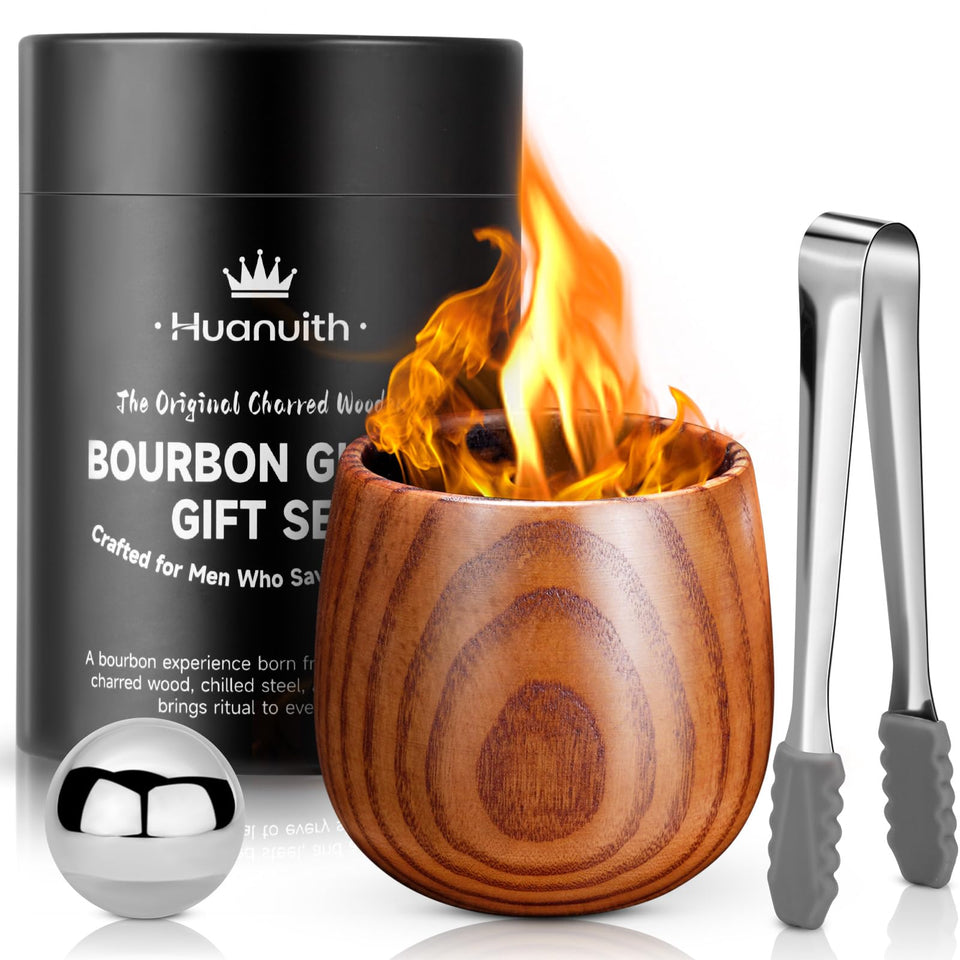 Huanuith charred wooden whiskey glass showing smoky notes and premium design.