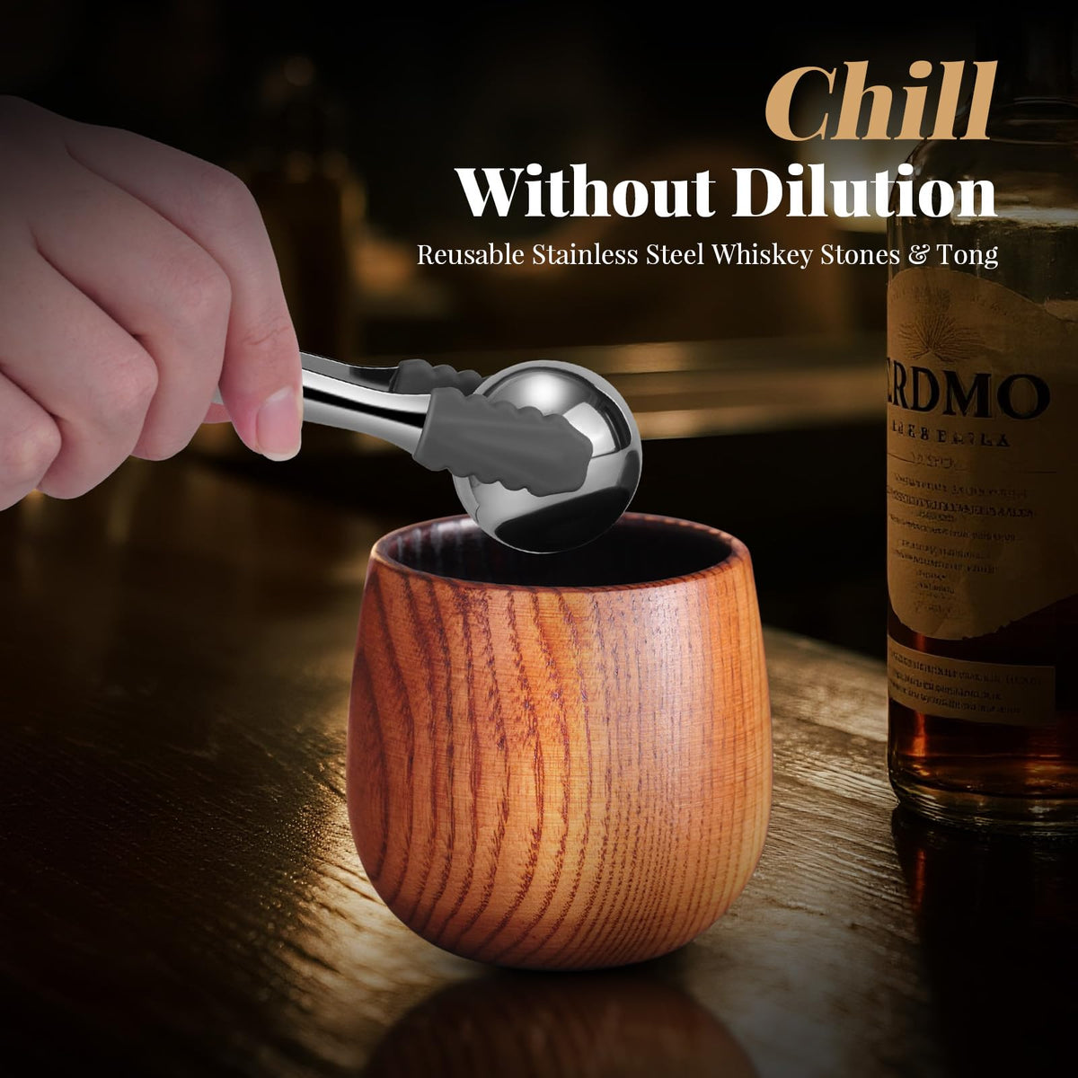 Huanuith silicone-grip tongs for easy handling of whiskey stones.