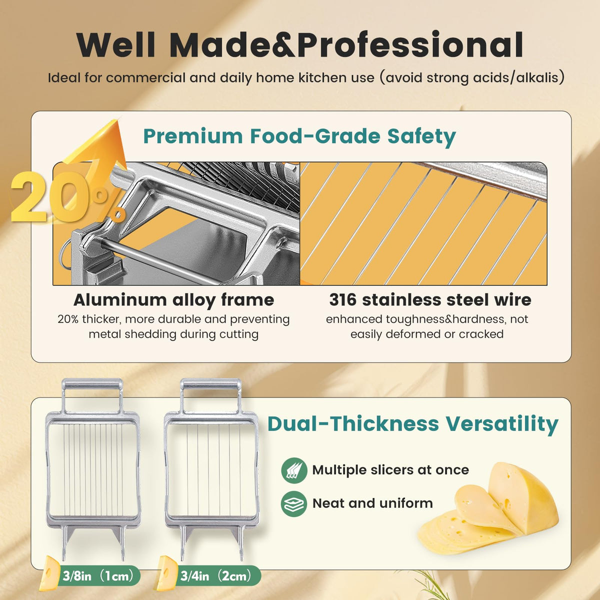 Huanyu cheese slicer dual-thickness boards showing 0.39 and 0.78 inch options