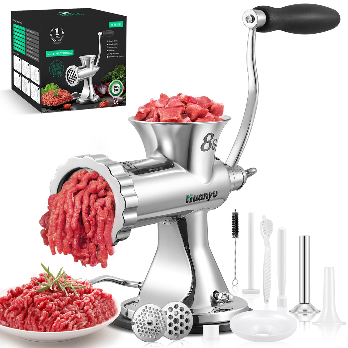 Huanyu manual meat grinder in stainless steel for durability and safety.