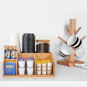 HUCINIUN bamboo coffee station organizer creamer slot, easy reach for milks and creams.