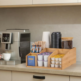 HUCINIUN bamboo coffee station organizer cups slot, ready for mugs and cups near coffee bar.