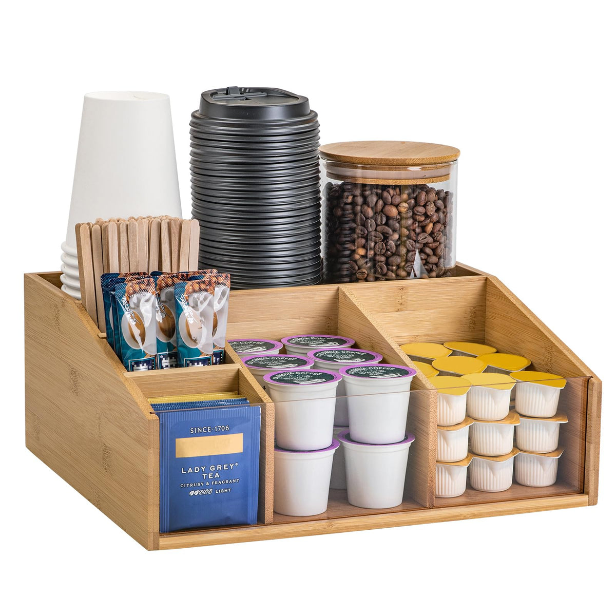 HUCINIUN bamboo coffee station organizer with a 6-compartment layout keeps tea bags neatly organized.