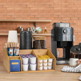 HUCINIUN bamboo coffee station organizer syrup slot, convenient beverage station setup.