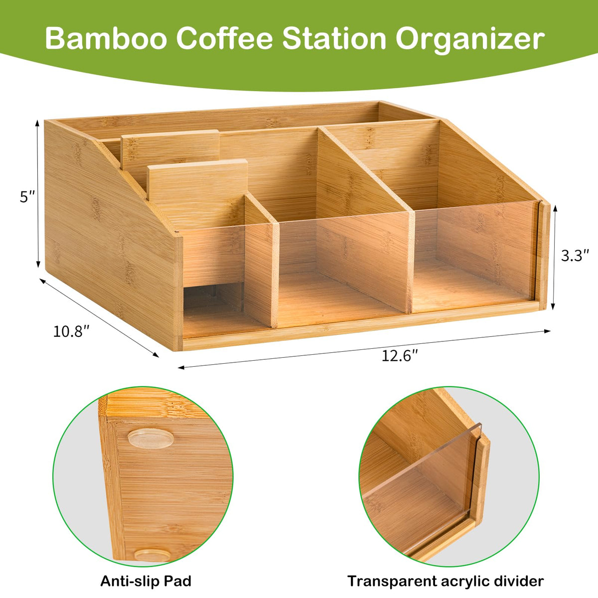 HUCINIUN bamboo coffee station organizer tea bags slot for quick access.