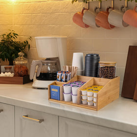 HUCINIUN bamboo coffee station organizer transparent divider for easy item visibility.