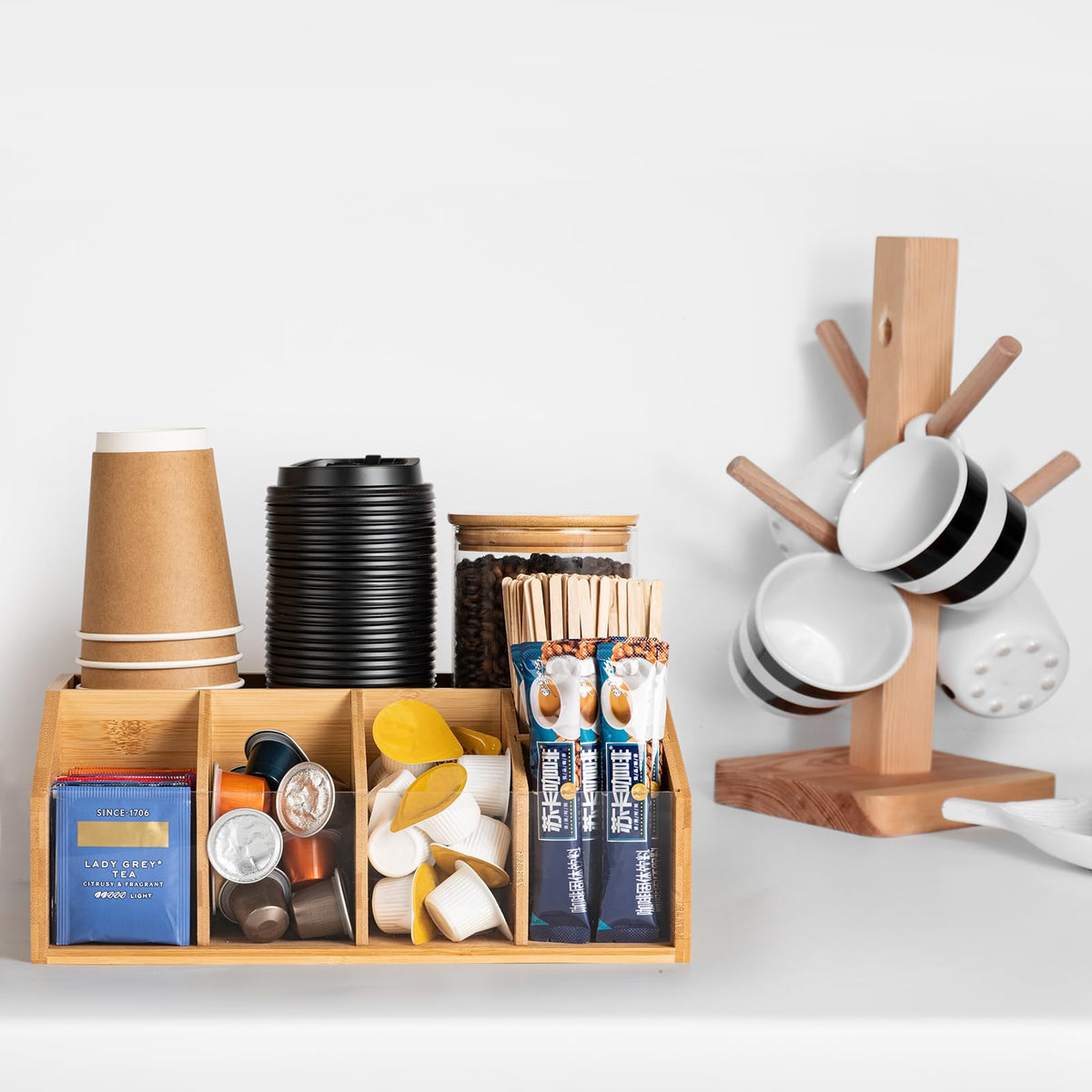 HUCINIUN bamboo and acrylic blend adds stylish warmth to any coffee bar.